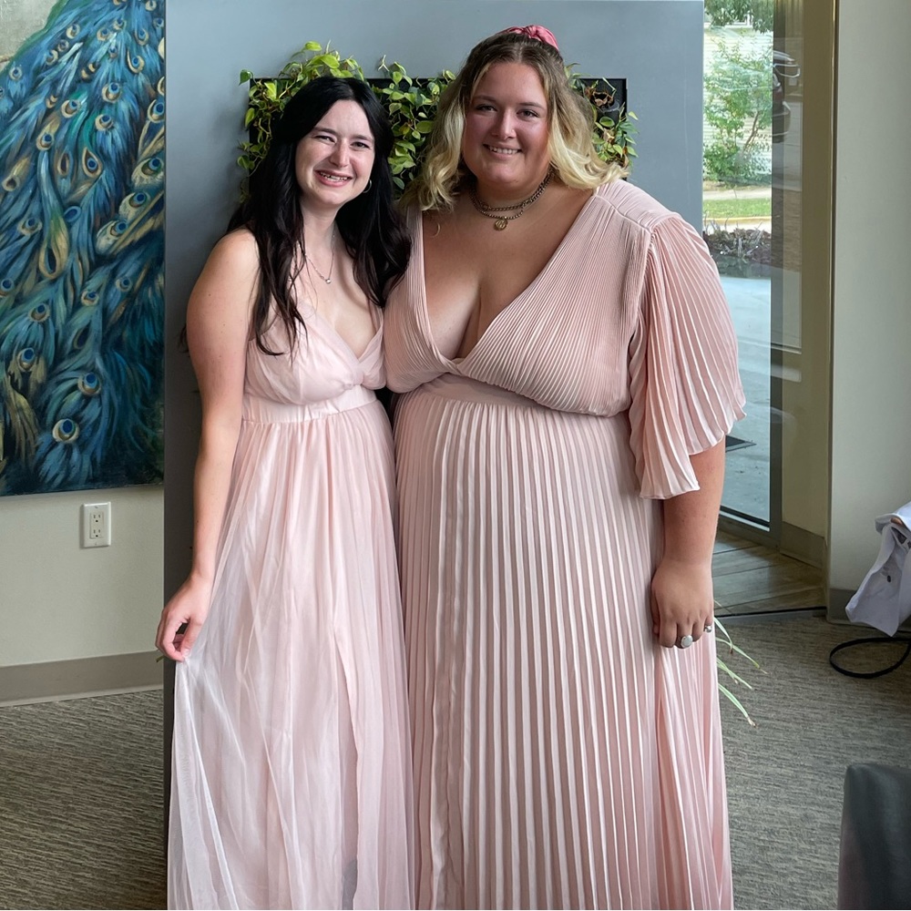 ASOS DESIGN Curve Bridesmaid pleated flutter sleeve maxidress w/satin wrap waist